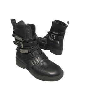 DKNY Black Strappy Combat Leather Boots Size 8 Biker Moto Boots
